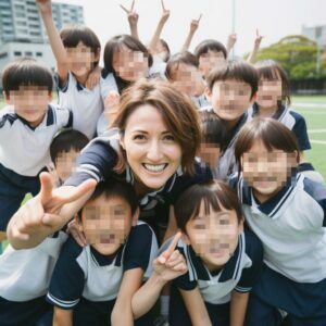 Serena, the enthusiastic ALT, leads the cheer squad at Wakaba Junior High School’s Sports Day, energizing the crowd with English cheers.
